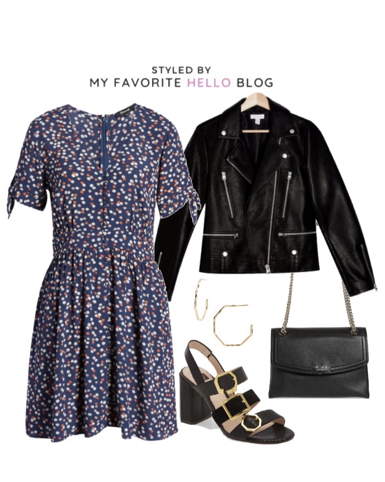 Nordstrom fall outfit with printed blue dress and leather jacket