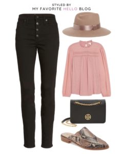 Nordstrom Fall Outfit with pink blouse and animal print mules