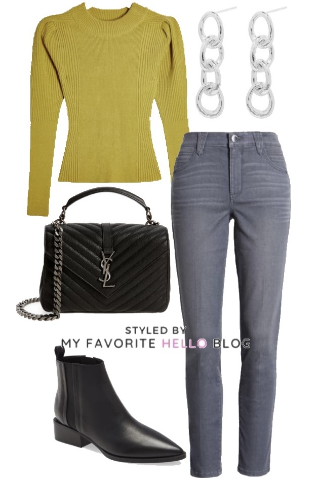 yellow sweater and grey jeans outfit