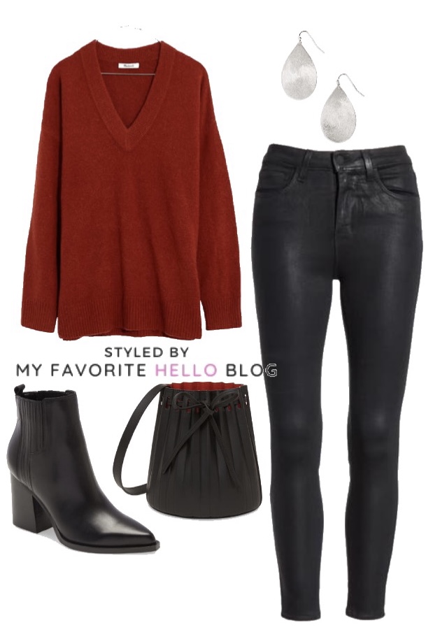 red sweater and black jeans outfit