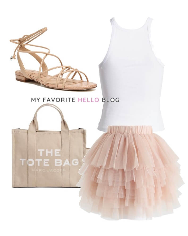 Tulle skirt summer outfit with tank top and flat sandals