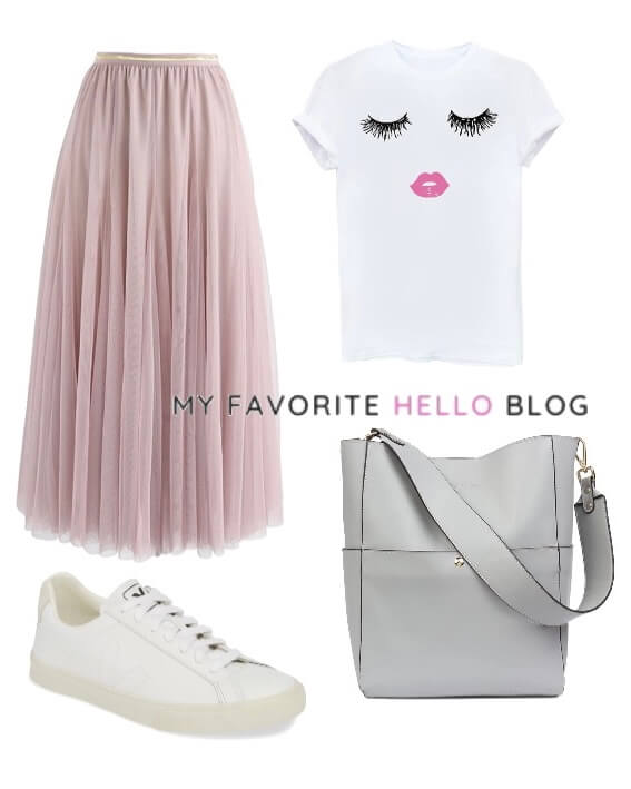 Tulle skirt outfit casual with graphic tee and white sneakers