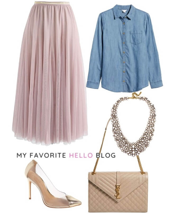 Tulle skirt feminine outfit with chambray shirt and nude heels
