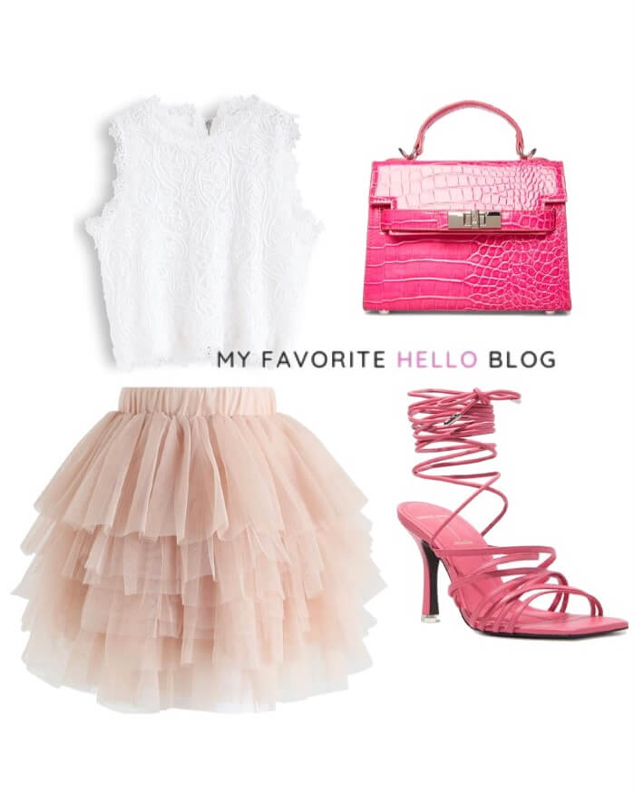 Tulle skirt girls night out with crop top and hot pink strappy heels
