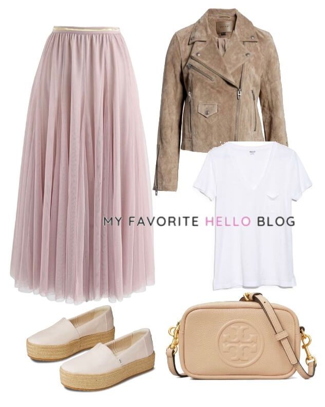 Tulle Skirt casual spring outfit with moto jacket and espadrille shoes