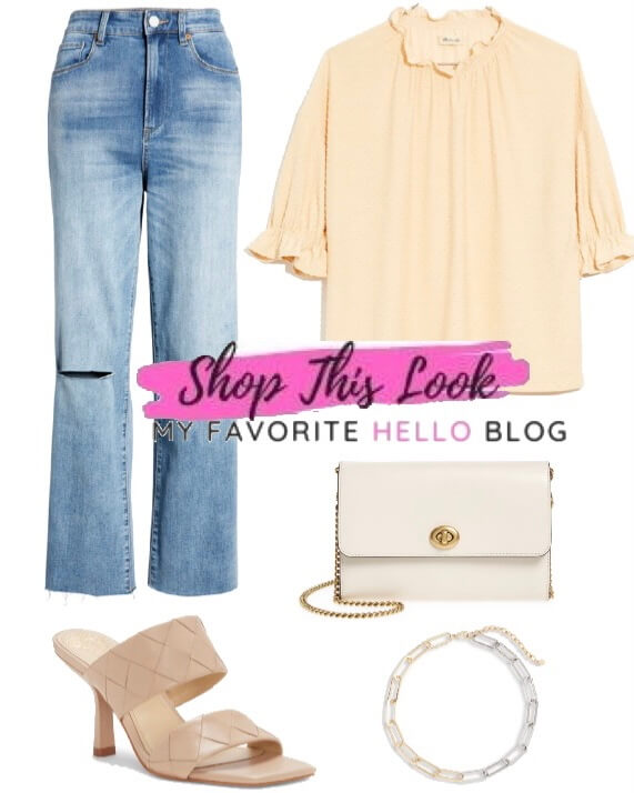 casual summer outfit with straight jeans and cream heels