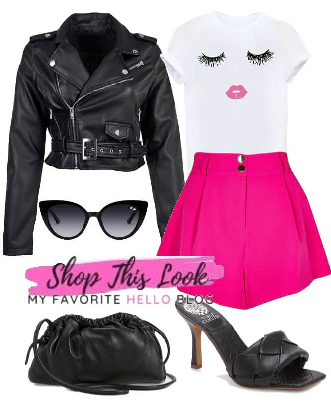 hot pink shorts with black leather handbag and heels