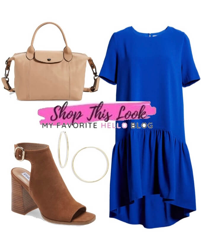 cobalt blue dress with brown shoes