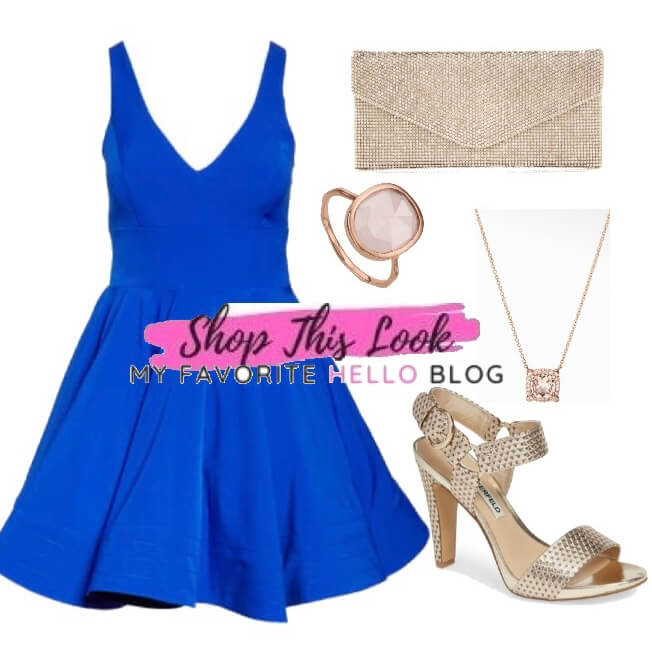cobalt blue dress with gold heels
