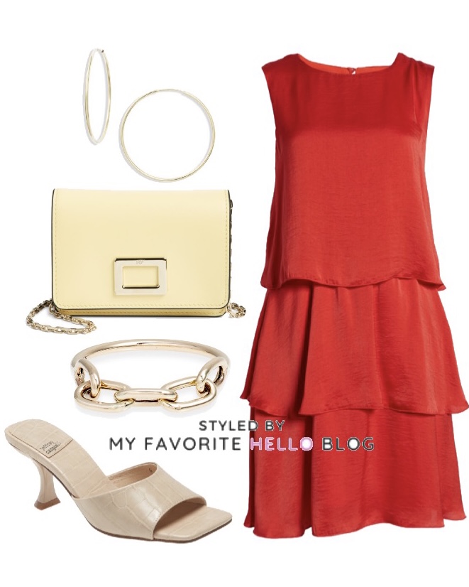 red dress with nude shoes and yellow purse