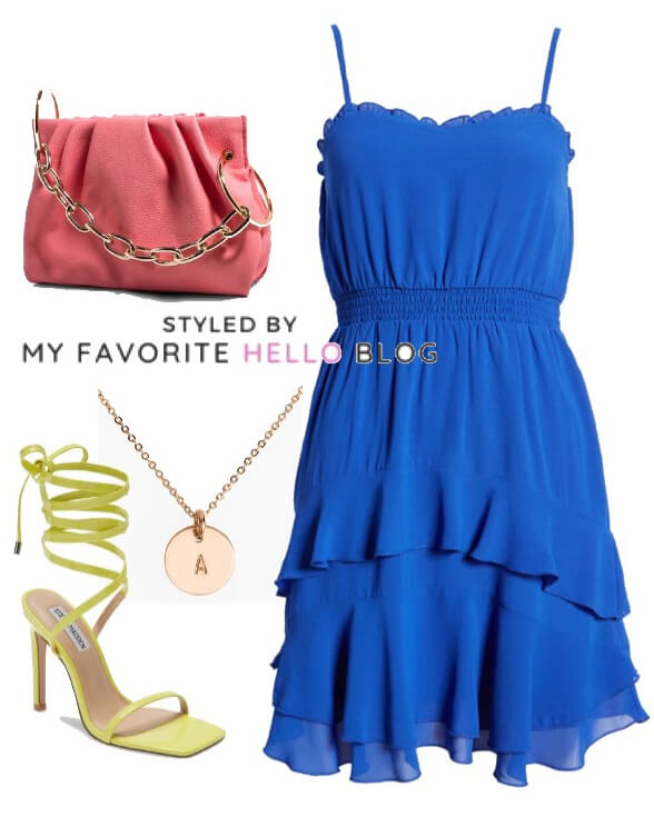 royal blue dress with yellow shoes