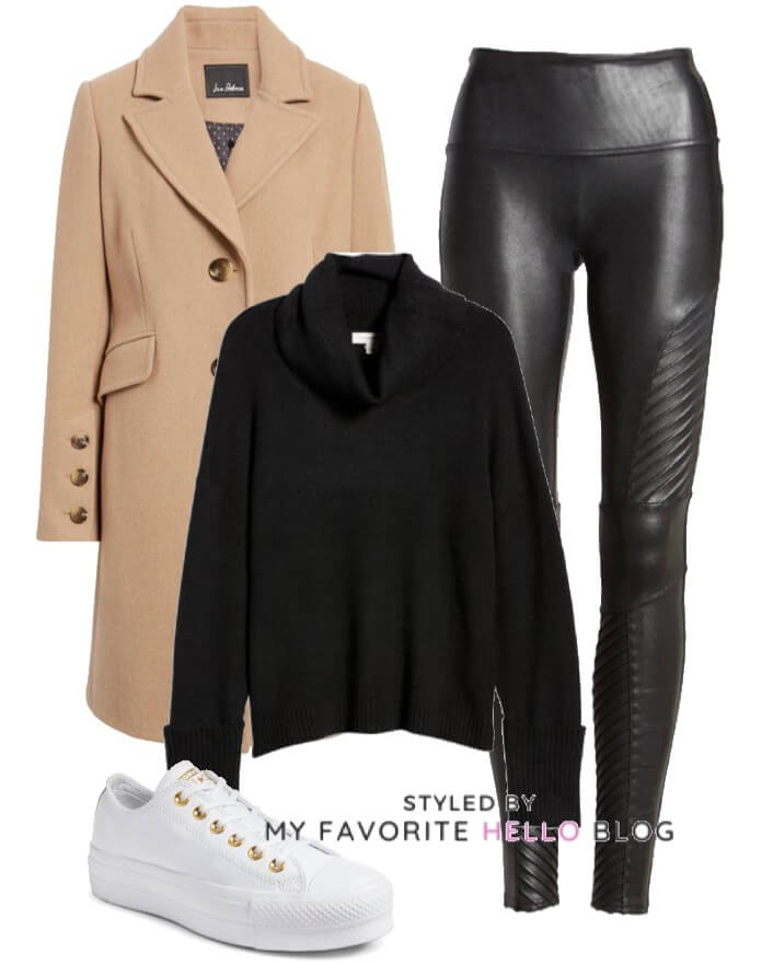 Black faux leather leggings and camel coat with sneakers