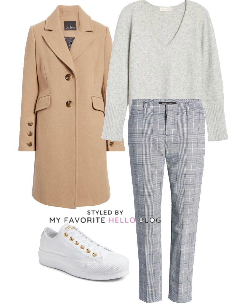 Winter outfit for work with plaid pants camel coat and grey sweater