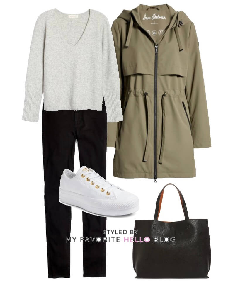 Winter outfit winter black jeans, olive jacket, grey sweater and sneakers