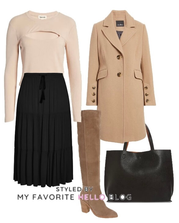 Winter outfit with black skirt and camel coat