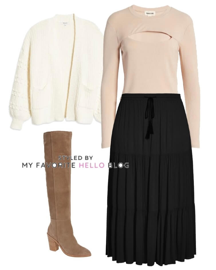 Winter outfit with black skirt, suede boots and white cardigan