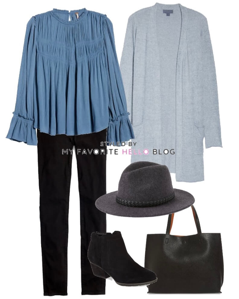 winter outfit with black jeans and boho top and wool hat