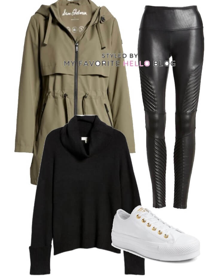 black moto faux leather leggings and olive jacket with sneakers