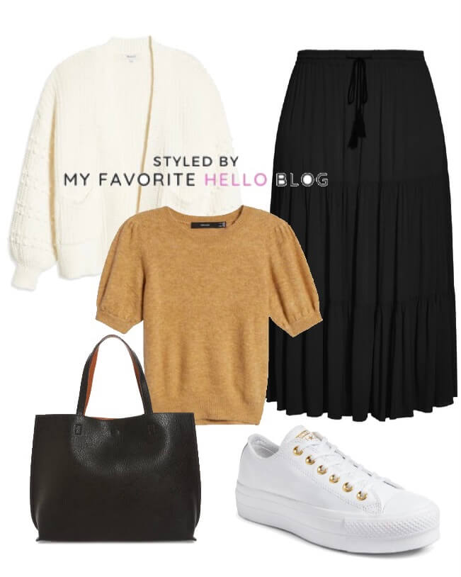 black skirt with camel sweater and white sneakers