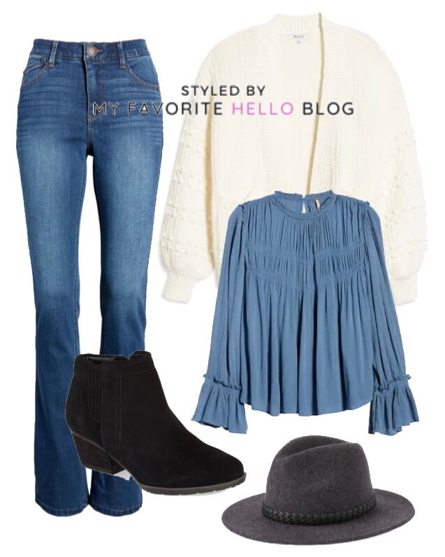 blue denim jeans with black booties and white cardigan