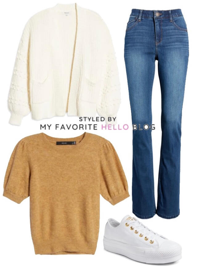 blue jeans with ivory cardigan