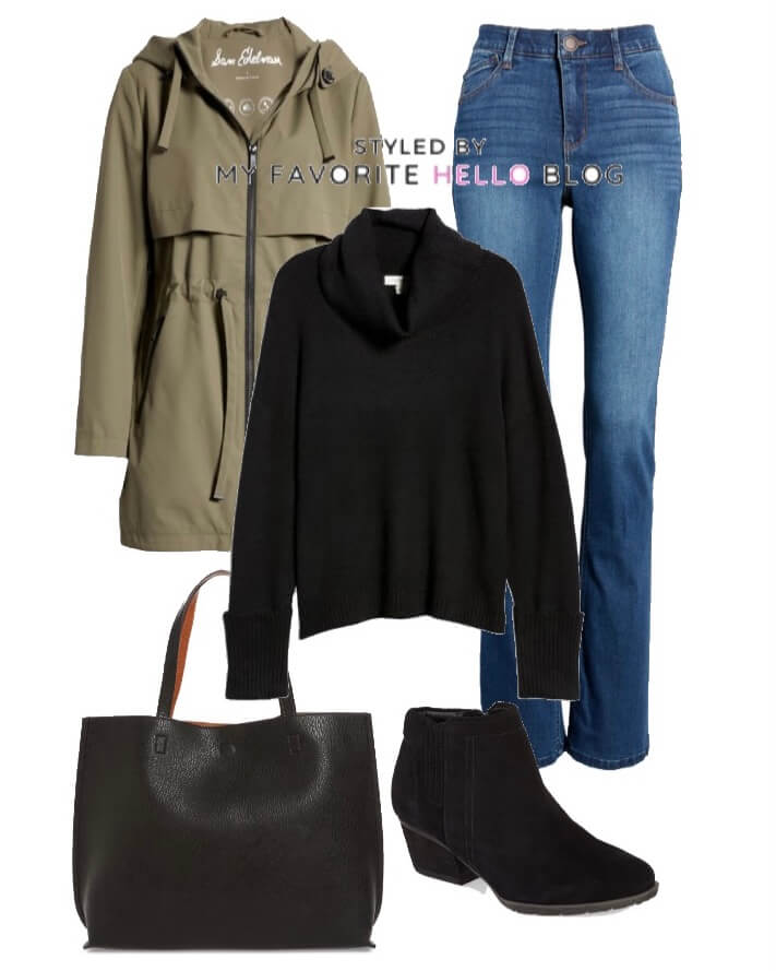 denim jeans with black sweater and olive jacket for winter outfits