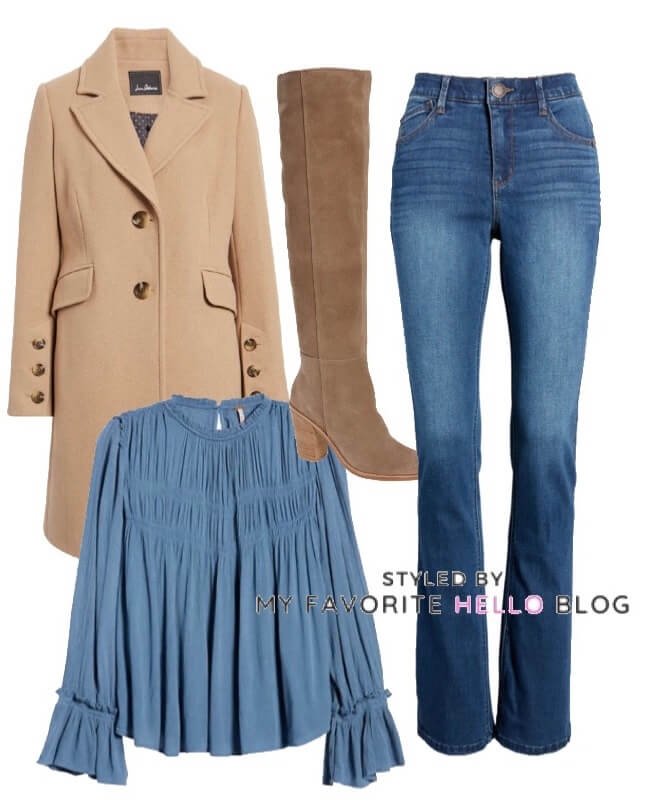 denim jeans with camel coat and suede boots and boho top