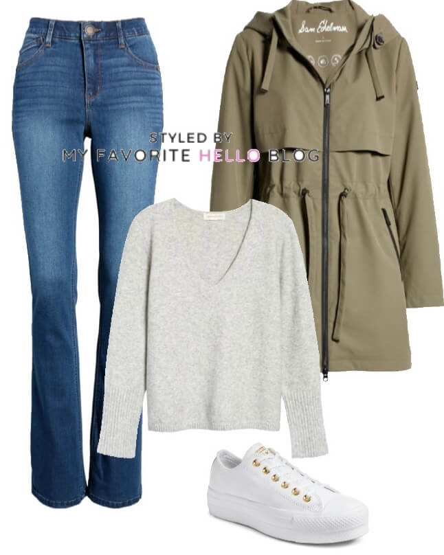 denim jeans with olive jacket and white sneakers