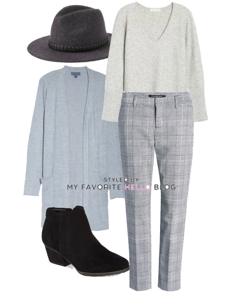 plaid pants with blue cardigan and grey sweater