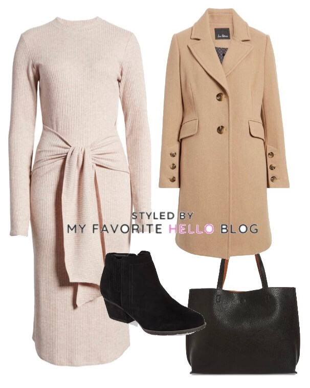 sweater dress and camel coat with black booties