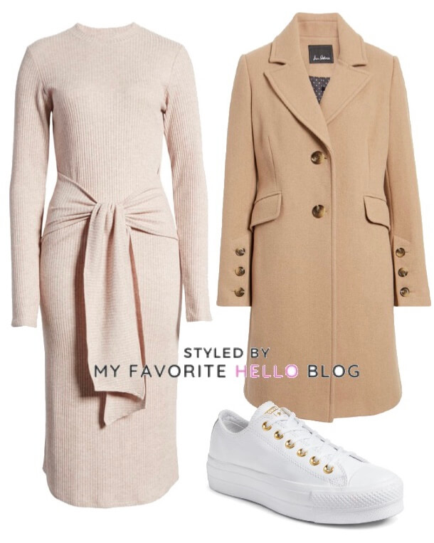 winter outfit with sweater dress camel coat and white sneakers