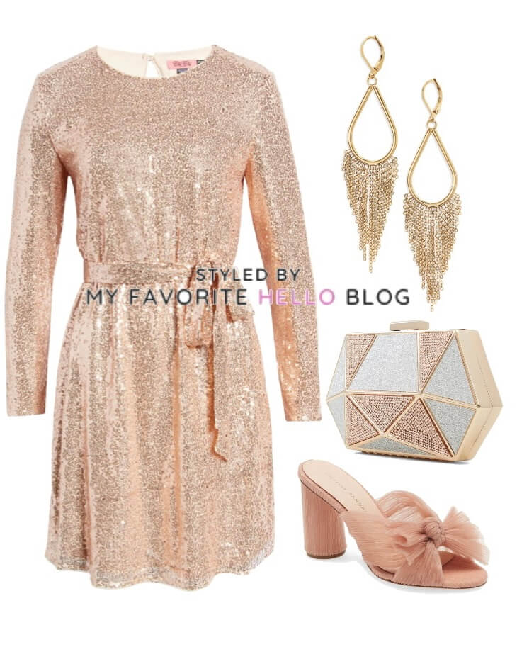 gold dress with pink shoes, gold purse, and gold earrings