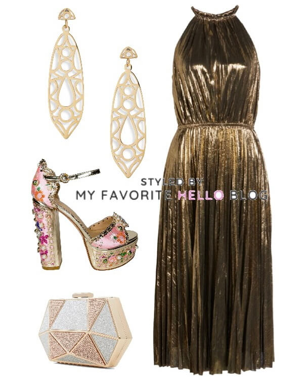 gold dress, pink shoes, gold purse, and gold earrings