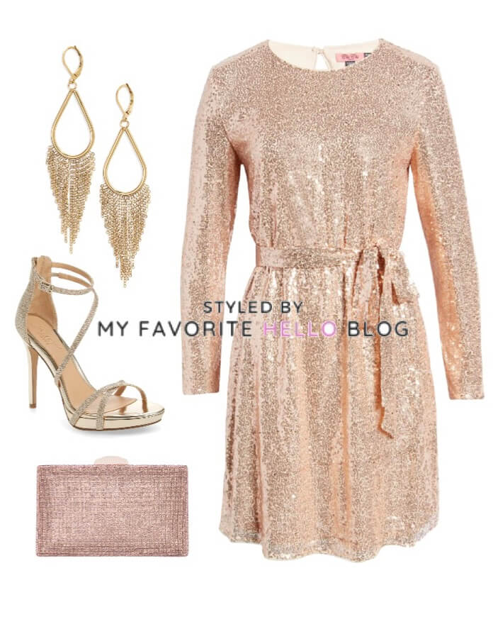 gold dress with gold earrings, gold heels, and pink bag