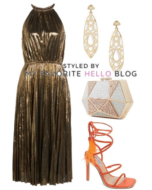 bronze gold dress with orange heels, gold purse, gold earrings