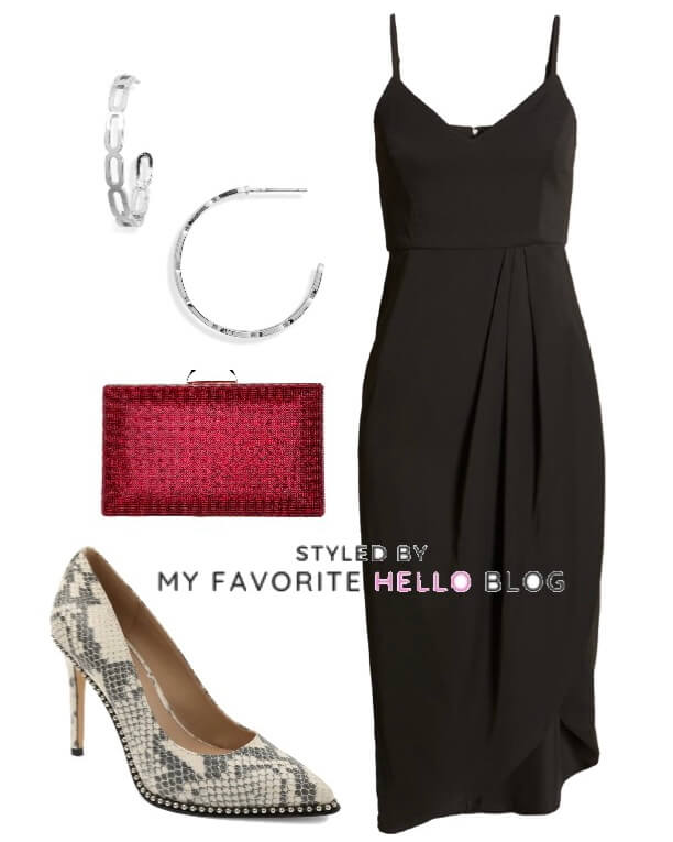 black dress with snakeskin heels and red purse