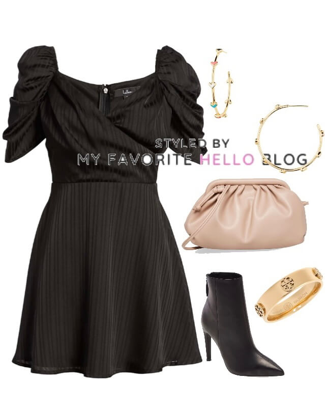 black dress with black boots and nude purse, and gold jewelry