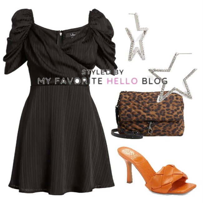 black dress and orange heels and animal print bag