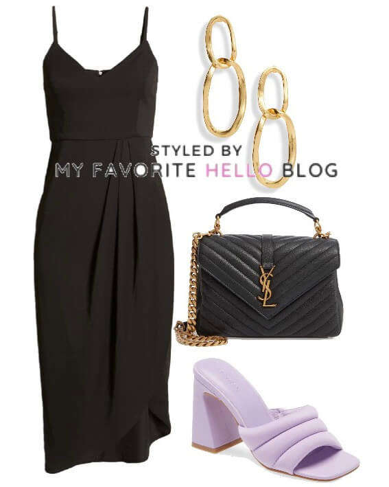 black dress with purple shoes and black bag