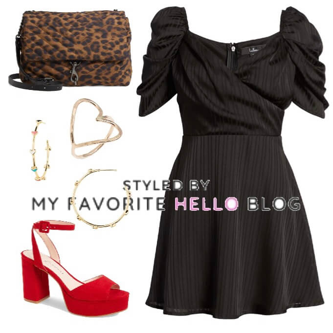 black dress with red shoes, gold ring and animal print bag