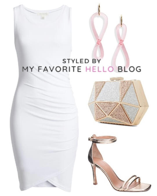 white dress with gold heels, gold purse and pink earrings
