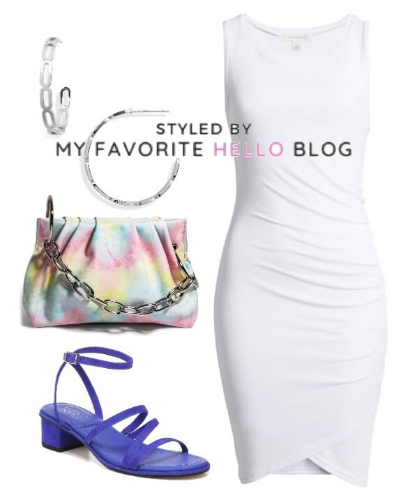 white dress with cobalt sandals, tye dye bag, and silver earrings