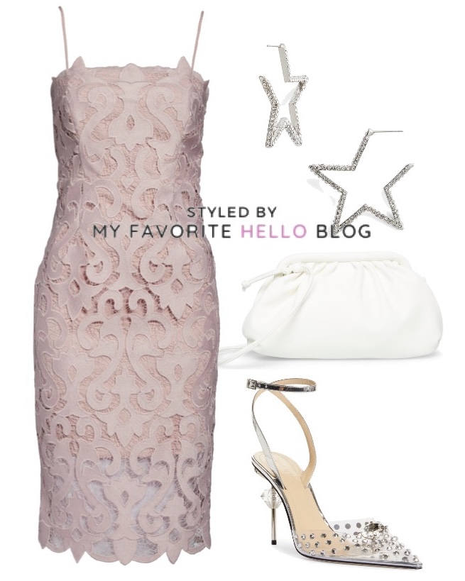 Outfit with blush dress, silver shoes, white bag, and silver star earrings