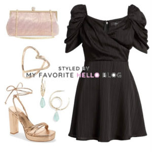 black dress with gold heels, pink purse, and gold ring
