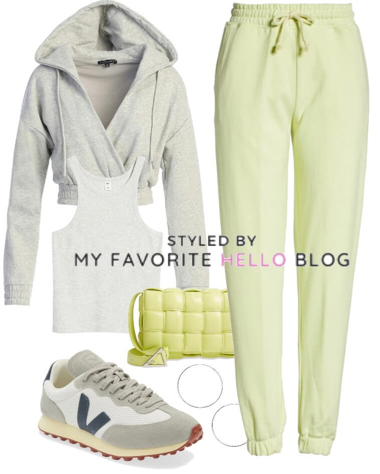 Yellow joggers with grey sweatshirt and yellow purse