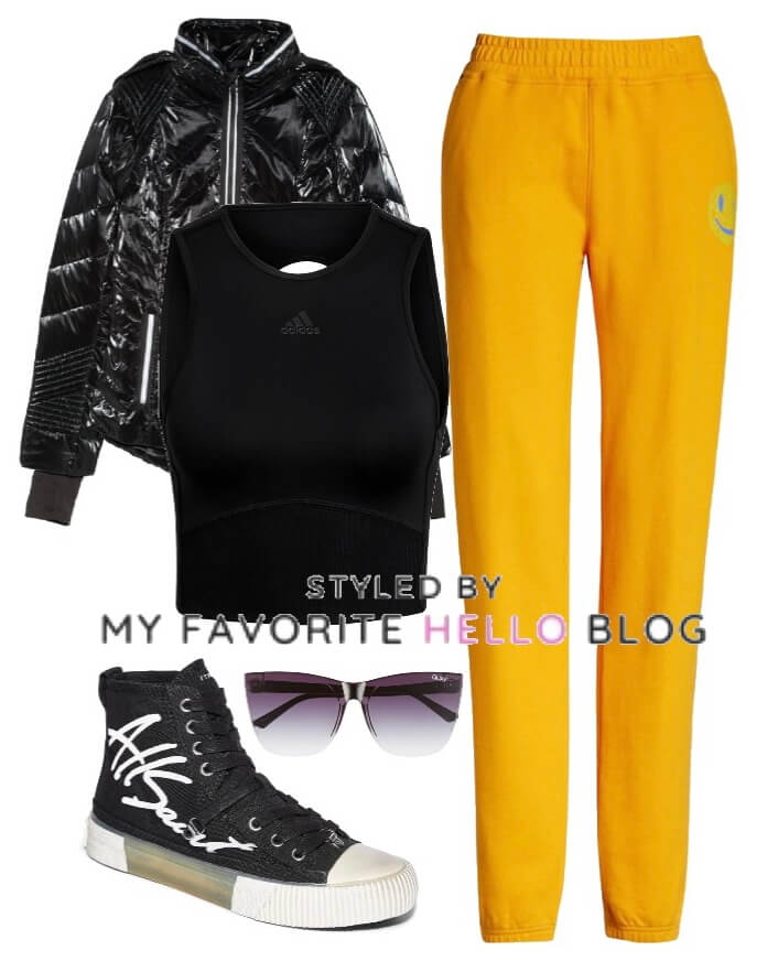 what to wear with yellow sweatpants with black jacket