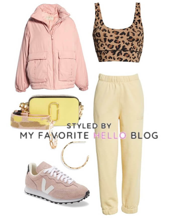 Yellow sweatpants with pink jacket