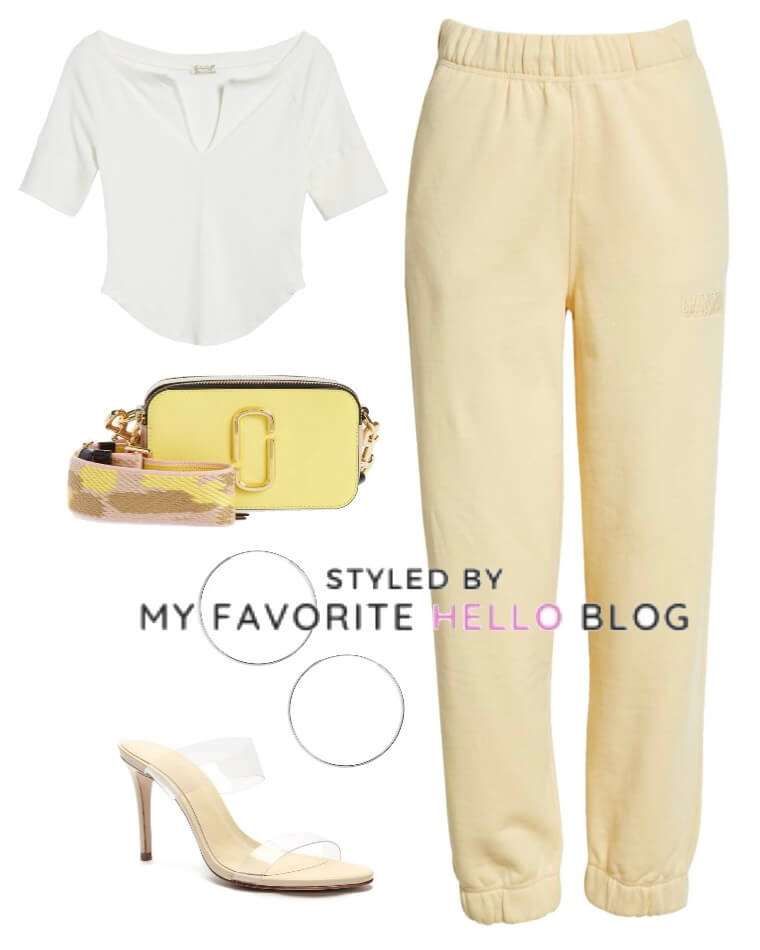 Yellow sweatpants with white baby tee