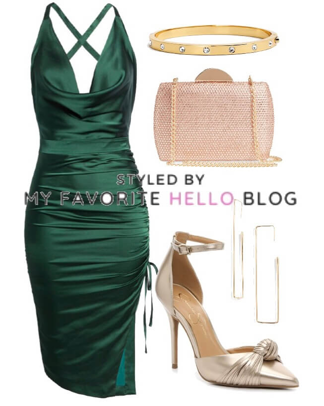 gold shoes with a green dress outfit