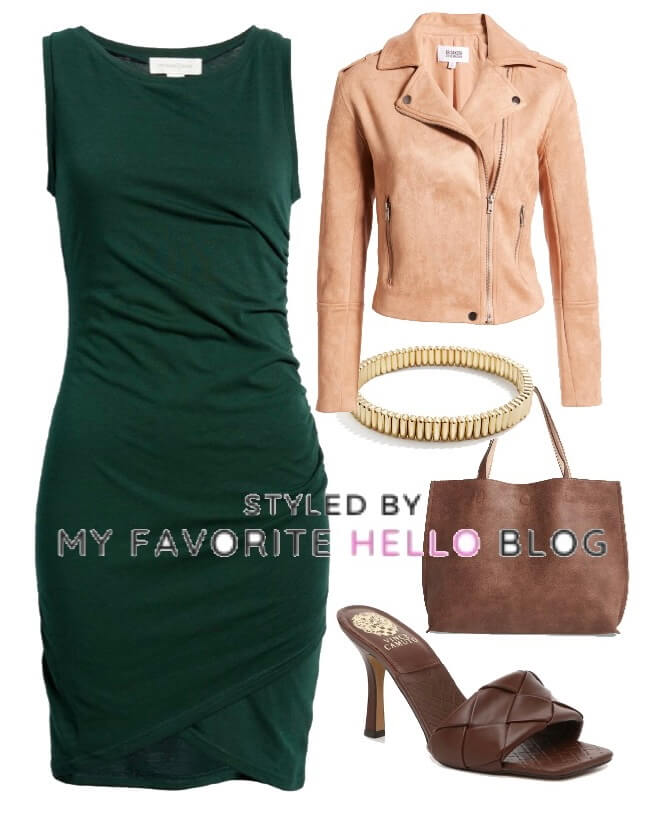 brown shoes with a green dress outfit